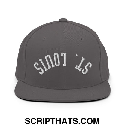 Gray snapback hat with white embroidered st and flat bill brim in upside down st louis design