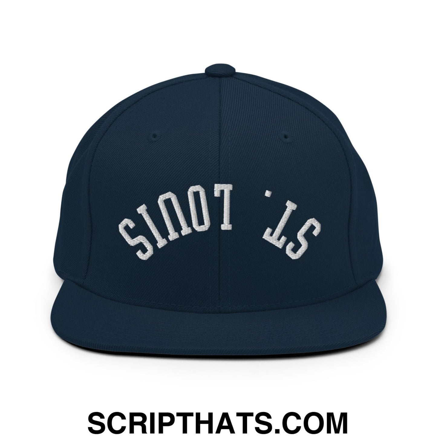 Navy blue snapback hat with white embroidered upside down st logo and flat bill brim in a casual style