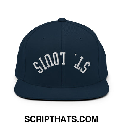 Navy blue snapback hat with white embroidered upside down st logo and flat bill brim in a casual style