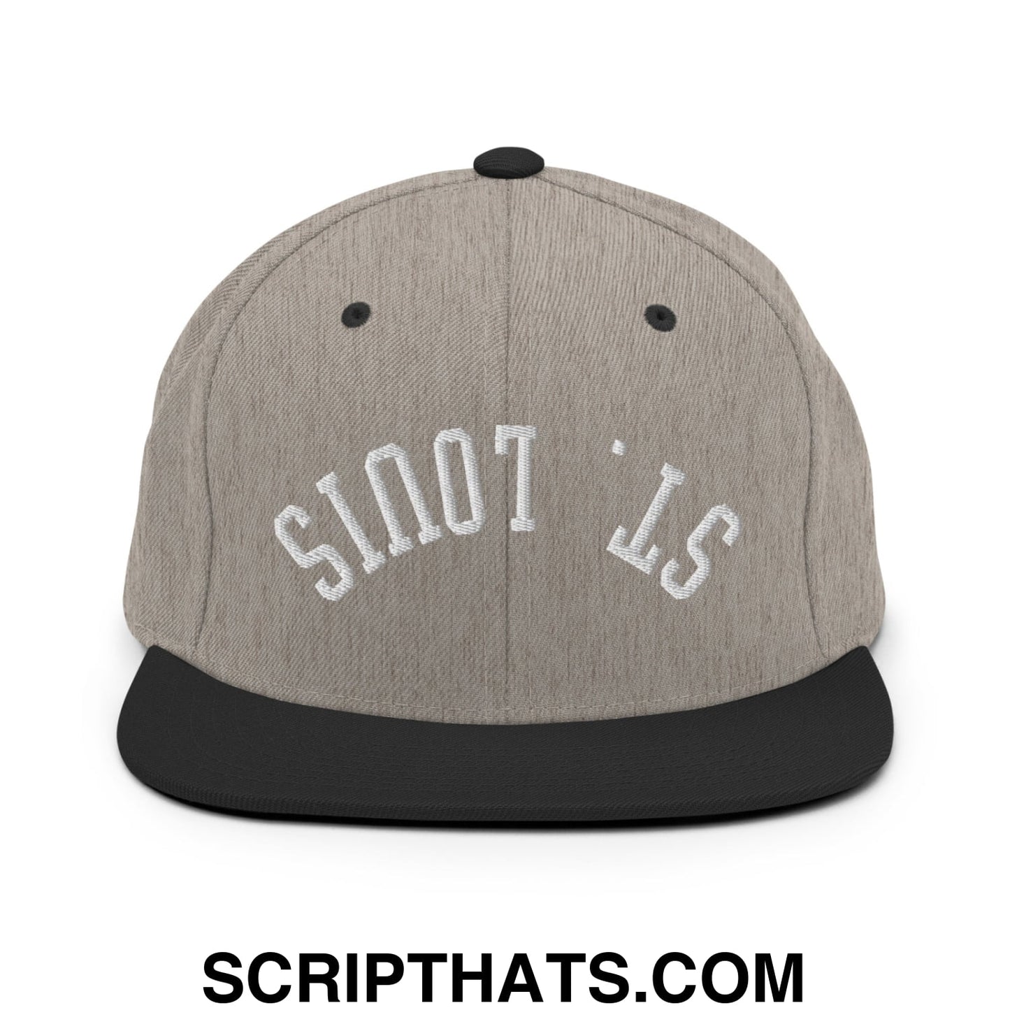 Gray heather snapback hat with black flat bill brim and white embroidered upside down st louis lettering