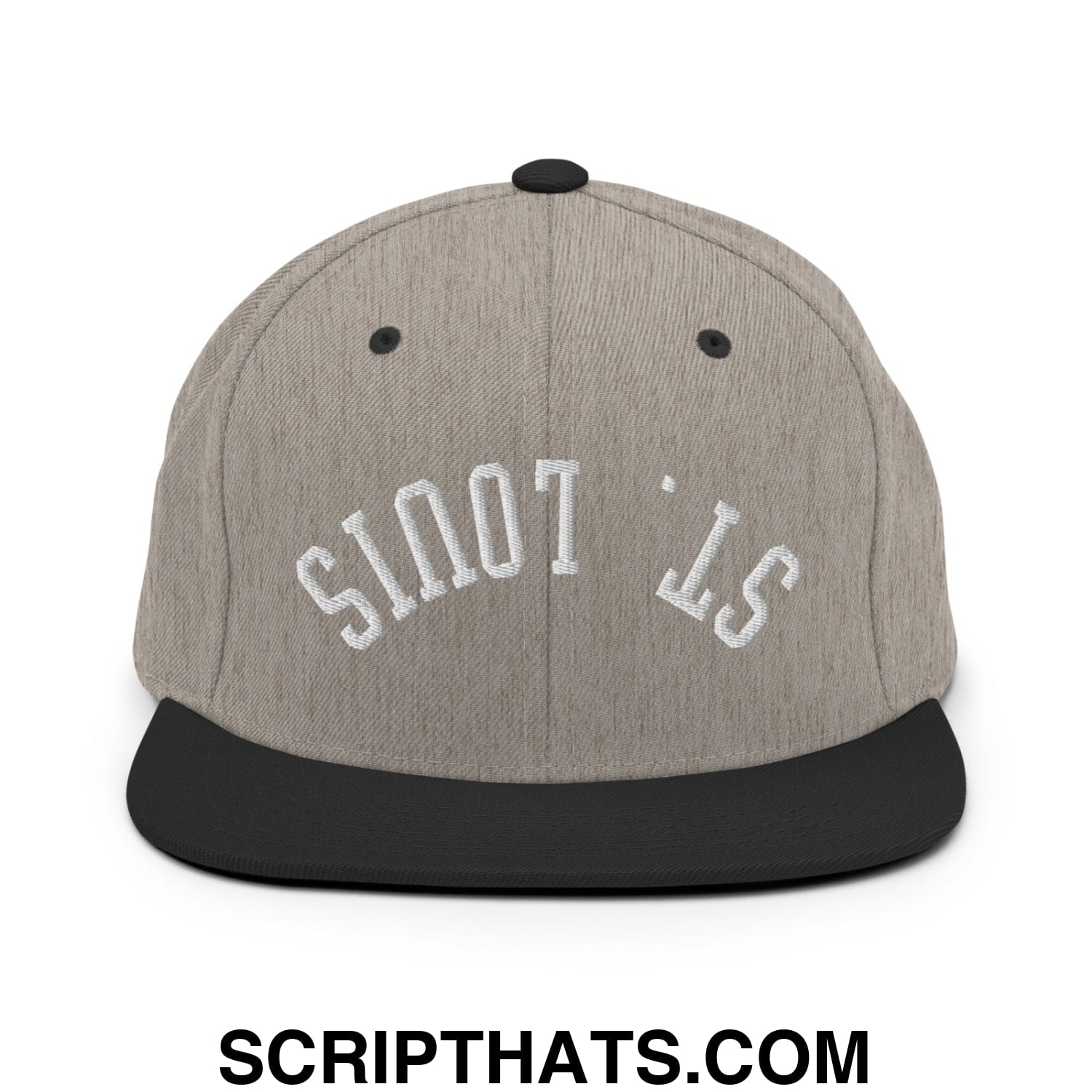 Gray heather snapback hat with black flat bill brim and white embroidered upside down st louis lettering