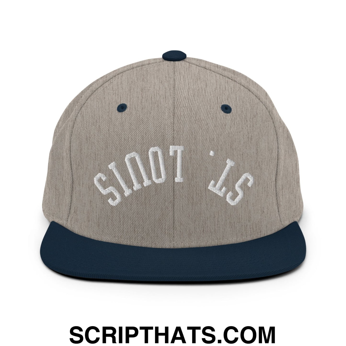 A gray and navy blue snapback hat with upside down st louis embroidered in white on the flat bill brim