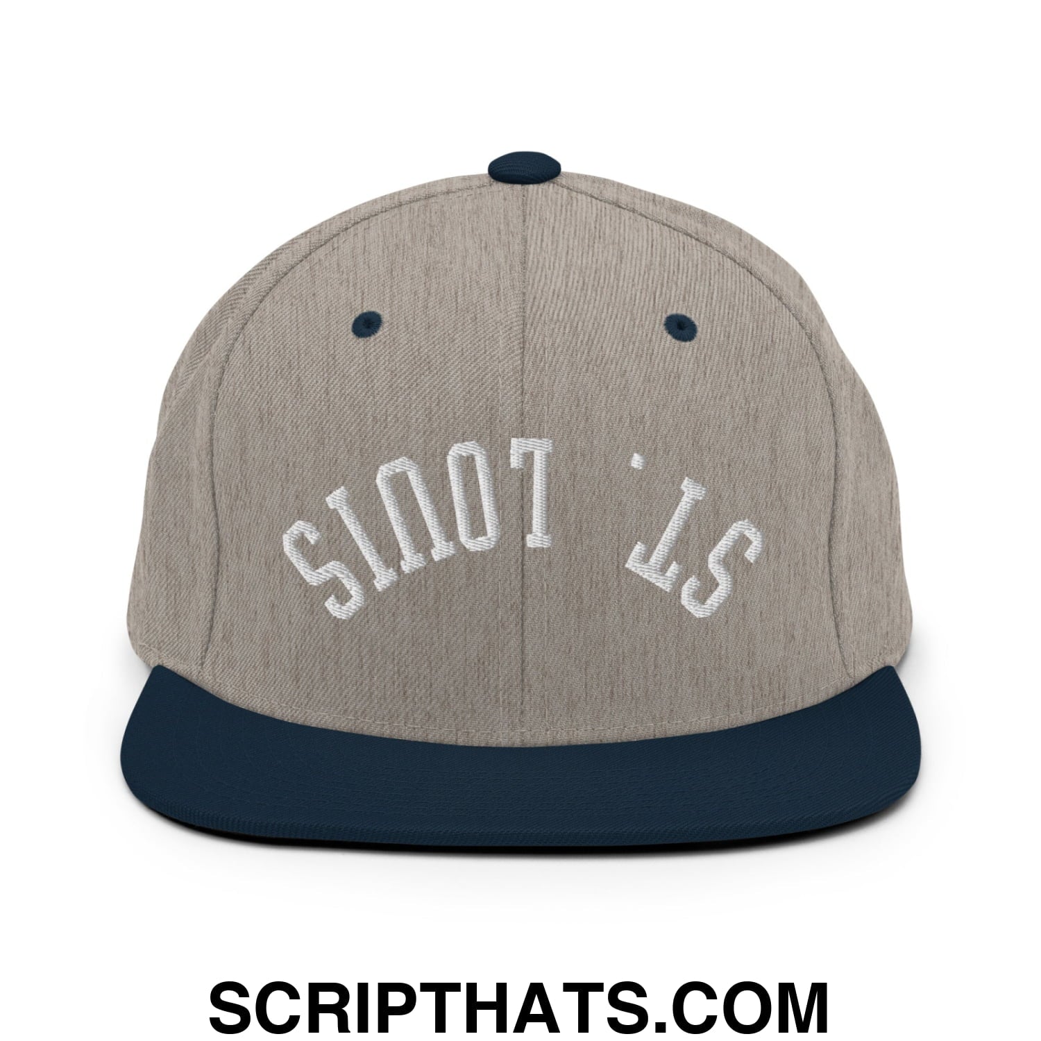 A gray and navy blue snapback hat with upside down st louis embroidered in white on the flat bill brim