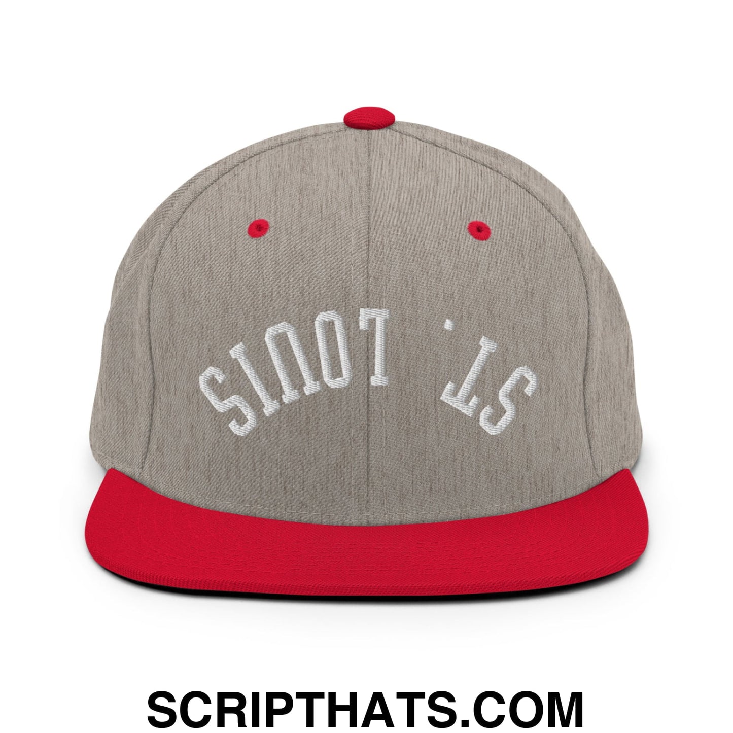 Gray and red flat bill brim snapback hat with white embroidered st for upside down st louis design