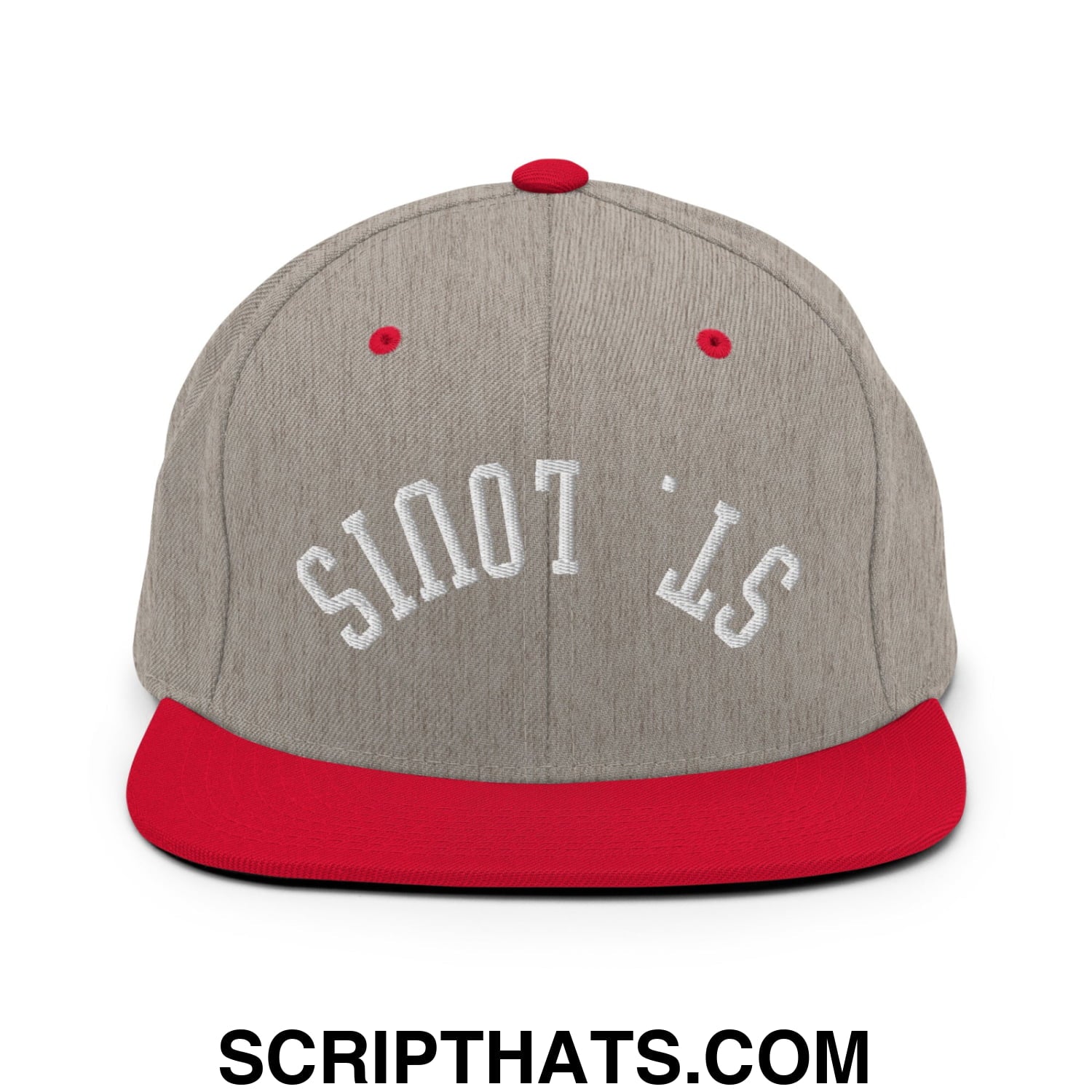 Gray and red flat bill brim snapback hat with white embroidered st for upside down st louis design