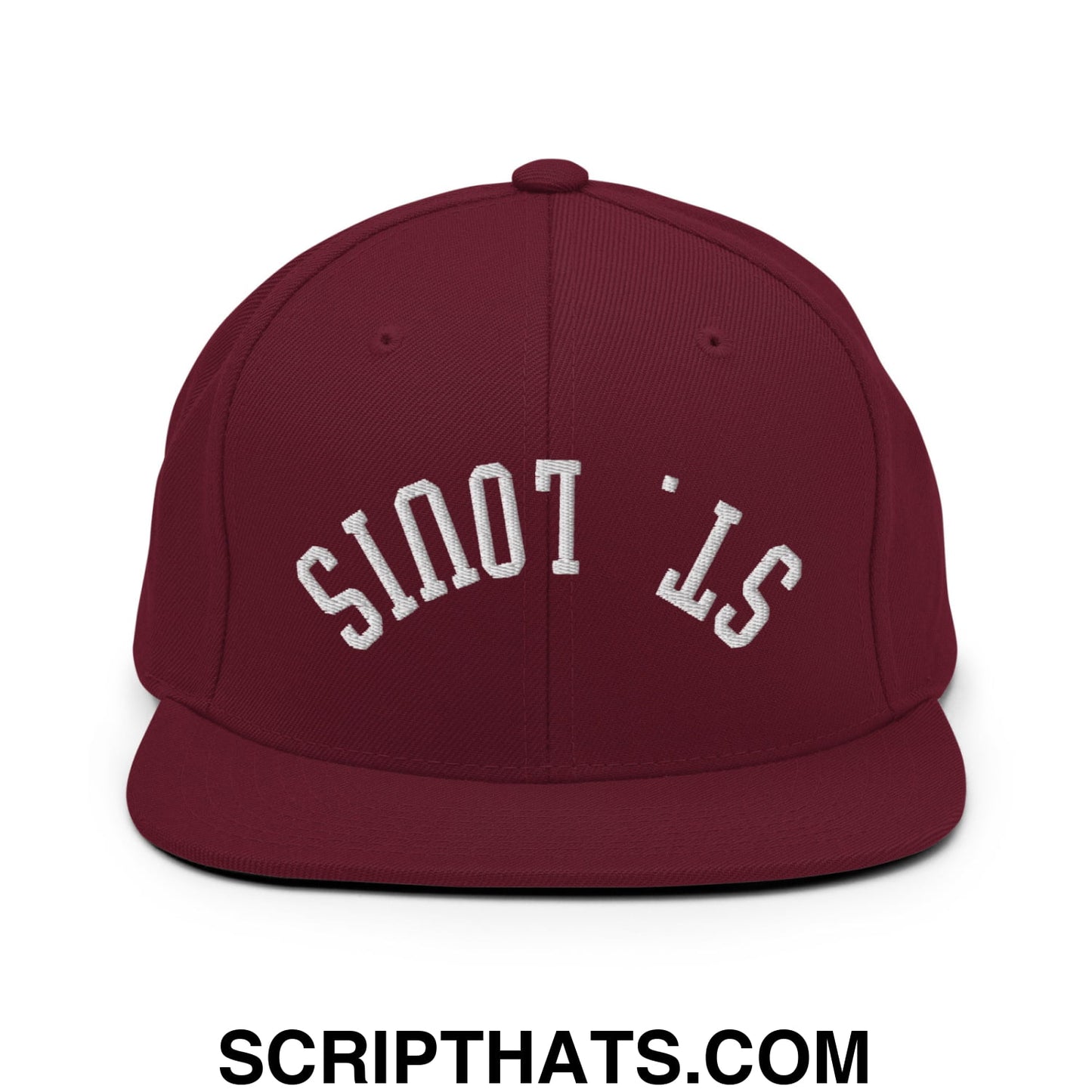 Maroon snapback hat with white embroidered st flat bill brim perfect for St Louis fans and streetwear styles