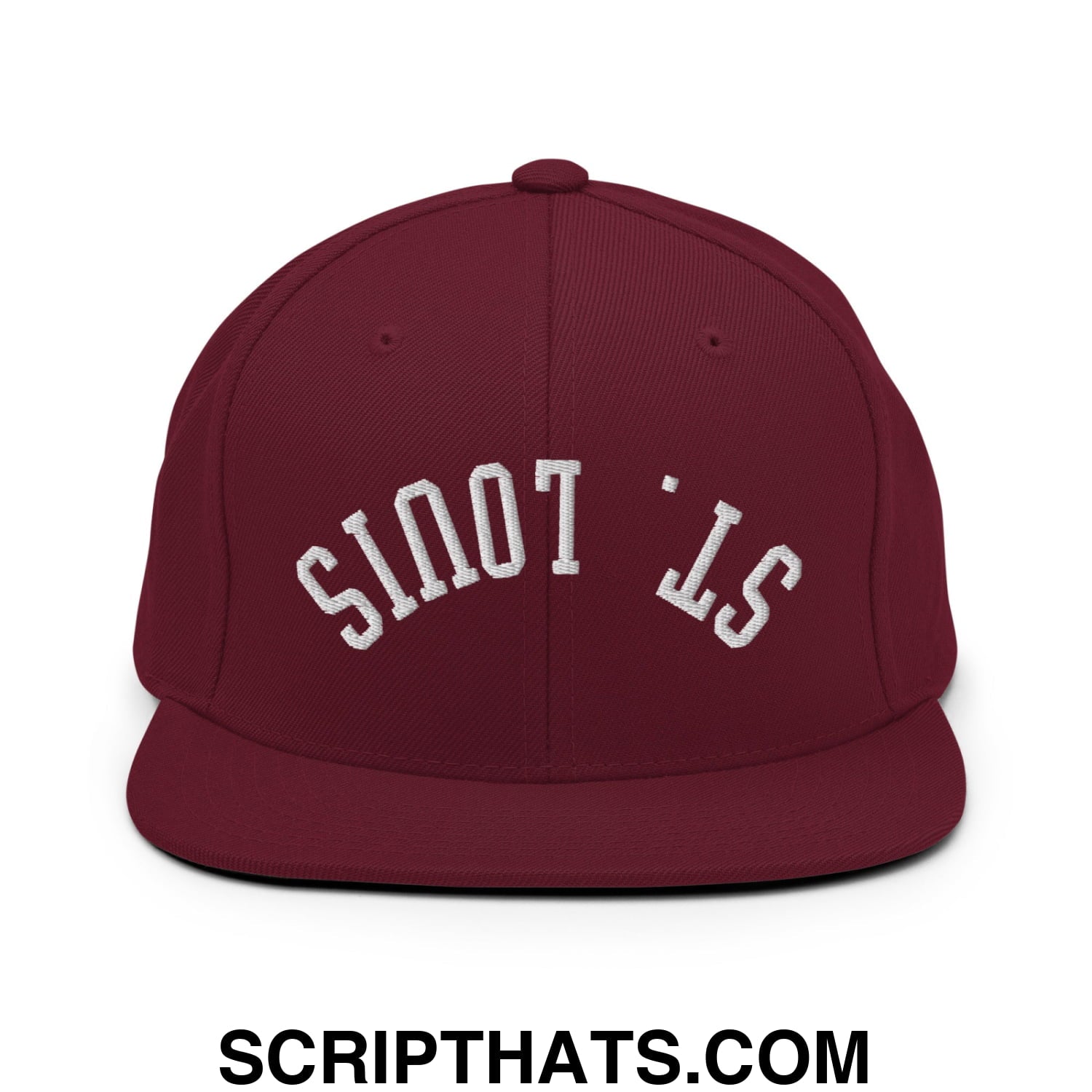 Maroon snapback hat with white embroidered st flat bill brim perfect for St Louis fans and streetwear styles