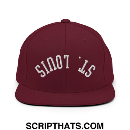 Maroon snapback hat with white embroidered st flat bill brim perfect for St Louis fans and streetwear styles