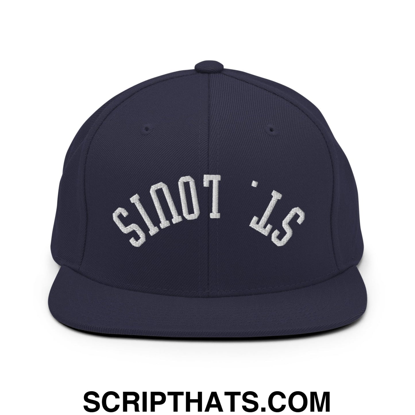 Navy blue snapback cap with white embroidered st on flat bill brim in upside down st louis design