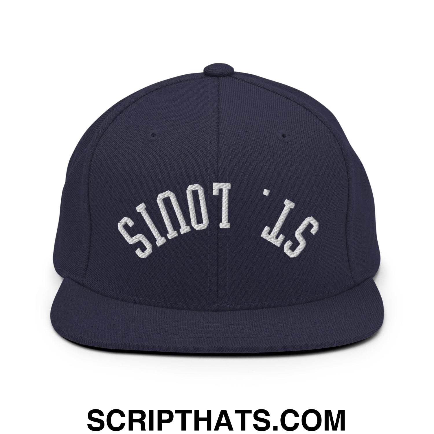 Navy blue snapback cap with white embroidered st on flat bill brim in upside down st louis design