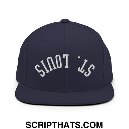 Navy blue snapback cap with white embroidered st on flat bill brim in upside down st louis design