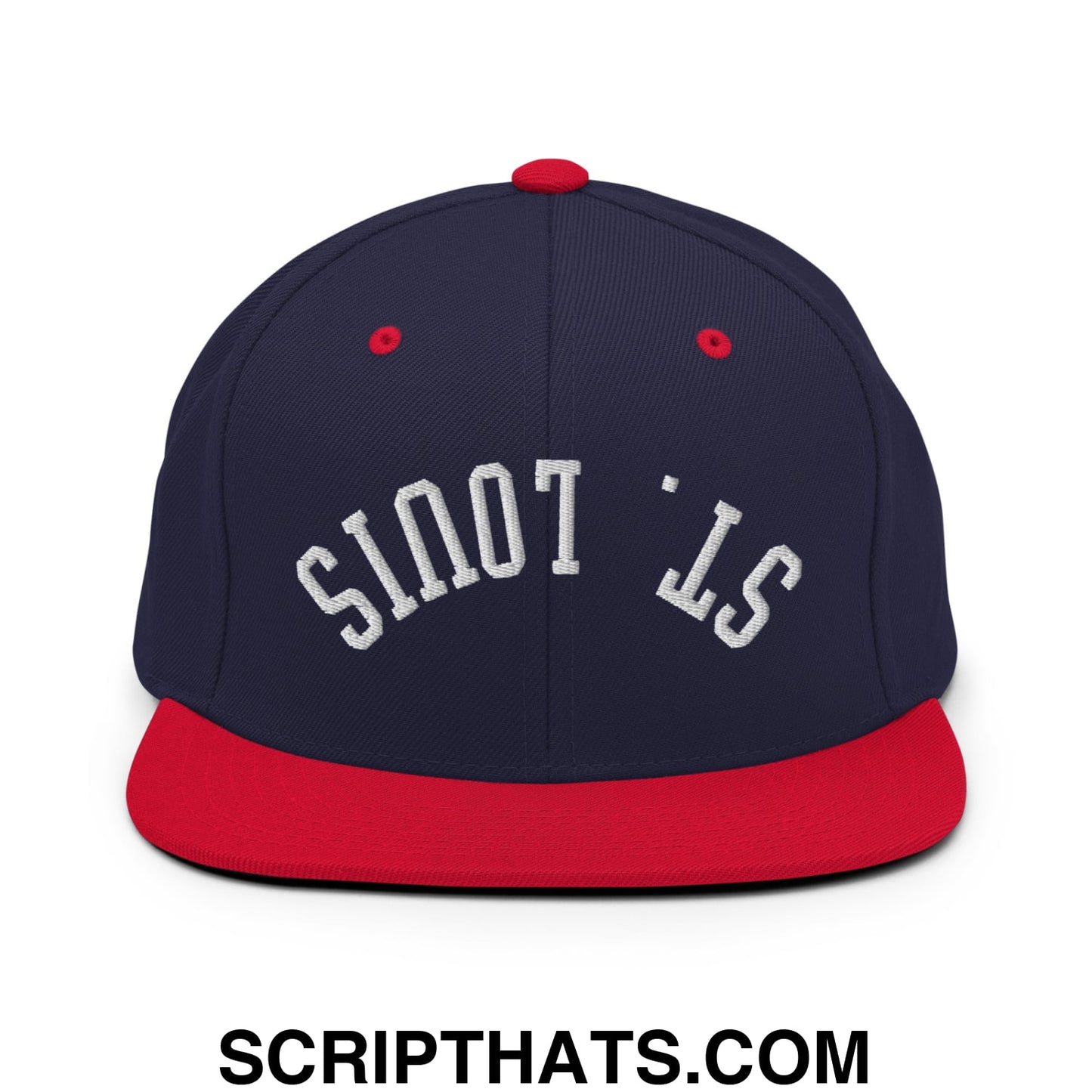 Navy blue and red snapback cap with white embroidered st and flat bill brim for casual wear