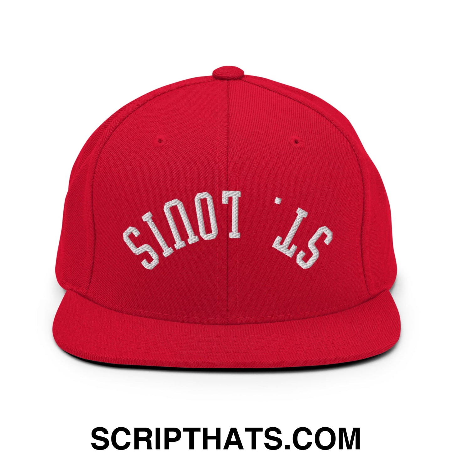 Red snapback cap with white embroidered st and flat bill brim from the upside down st louis collection
