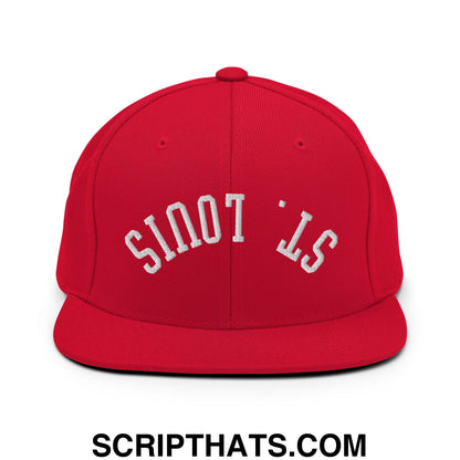 Red snapback cap with white embroidered st and flat bill brim from the upside down st louis collection