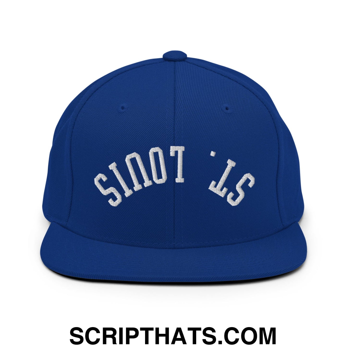 Royal blue snapback cap with white embroidered st and flat bill brim in upside down st louis design