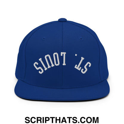 Royal blue snapback cap with white embroidered st and flat bill brim in upside down st louis design