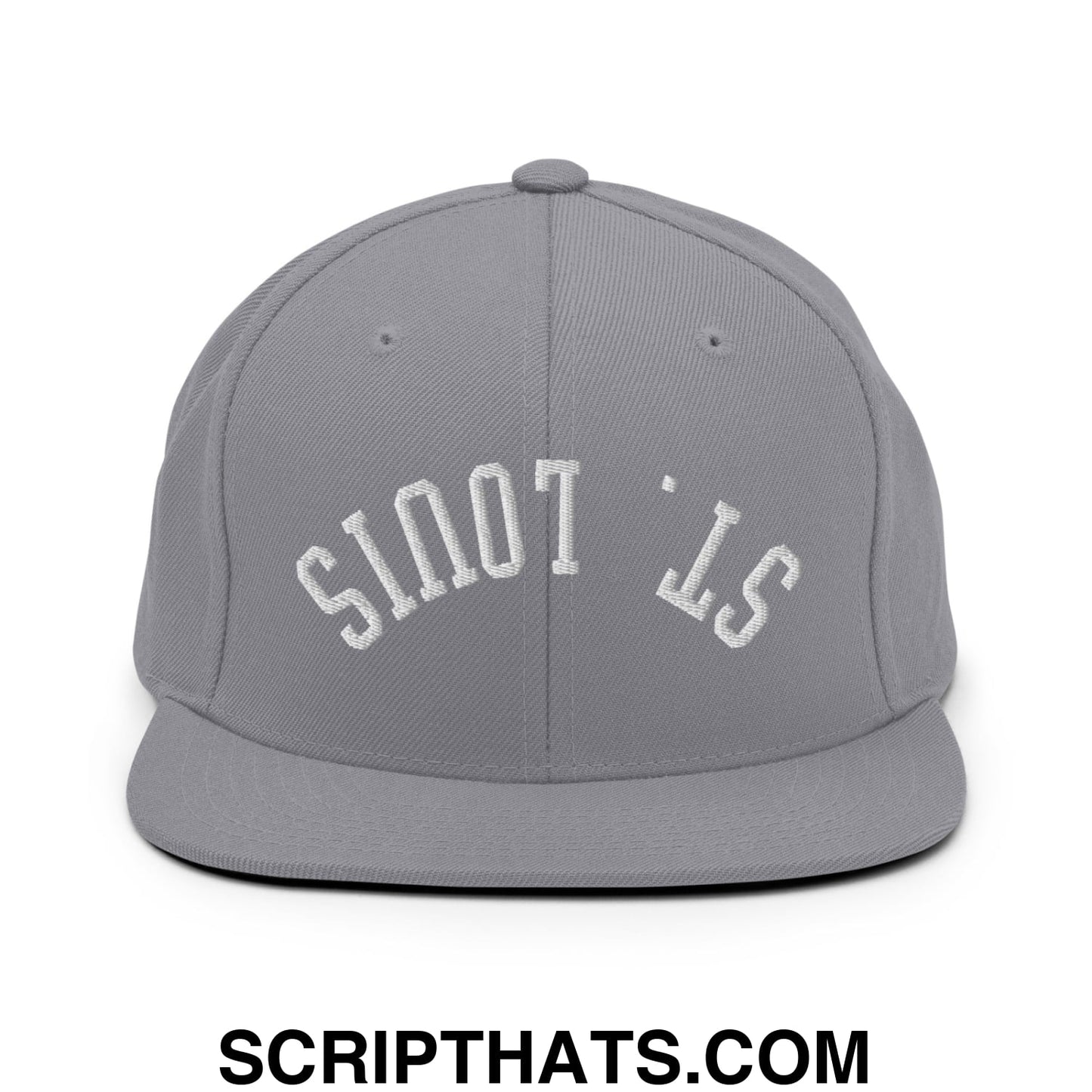 Gray snapback cap with white embroidered st on flat bill brim for stylish upside down St Louis look