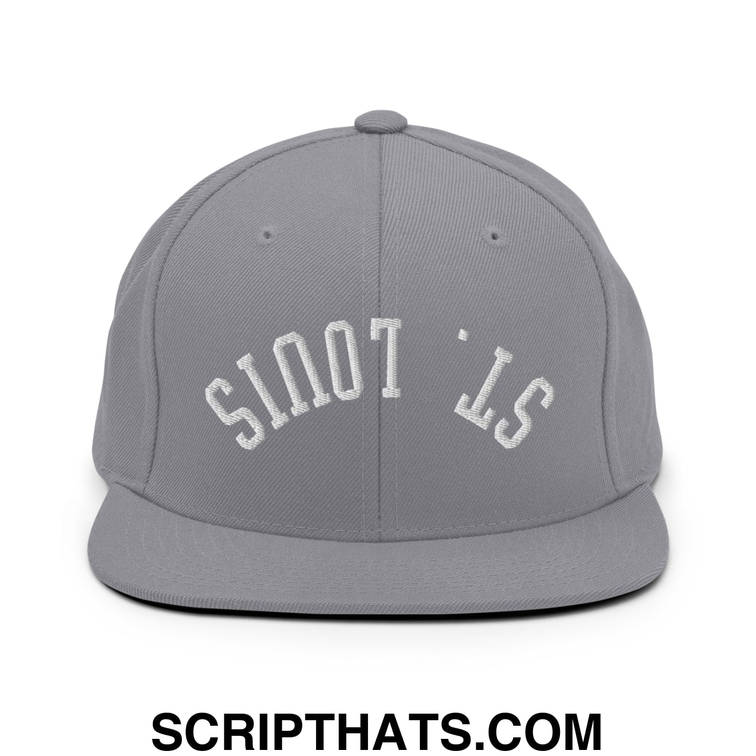 Gray snapback cap with white embroidered st on flat bill brim for stylish upside down St Louis look