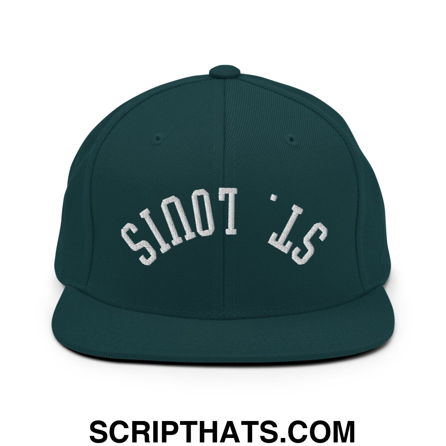 Dark green snapback cap with white embroidered st and flat bill brim perfect for casual streetwear