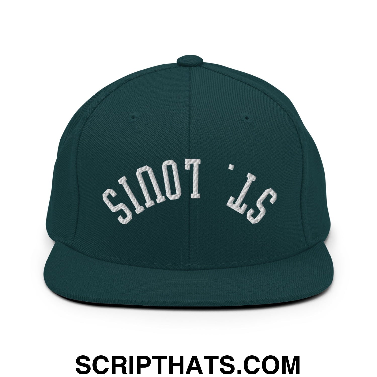 Dark green snapback cap with white embroidered st and flat bill brim perfect for casual streetwear