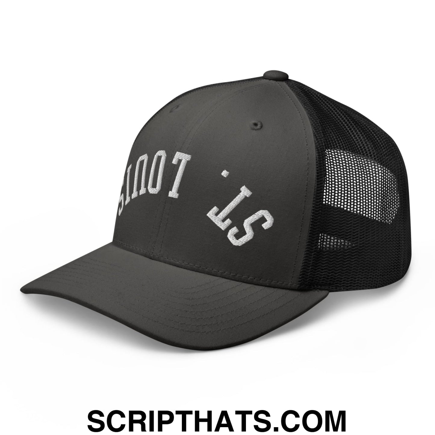 Upside Down St. Louis Embroidered Mesh Trucker Hat Charcoal Black