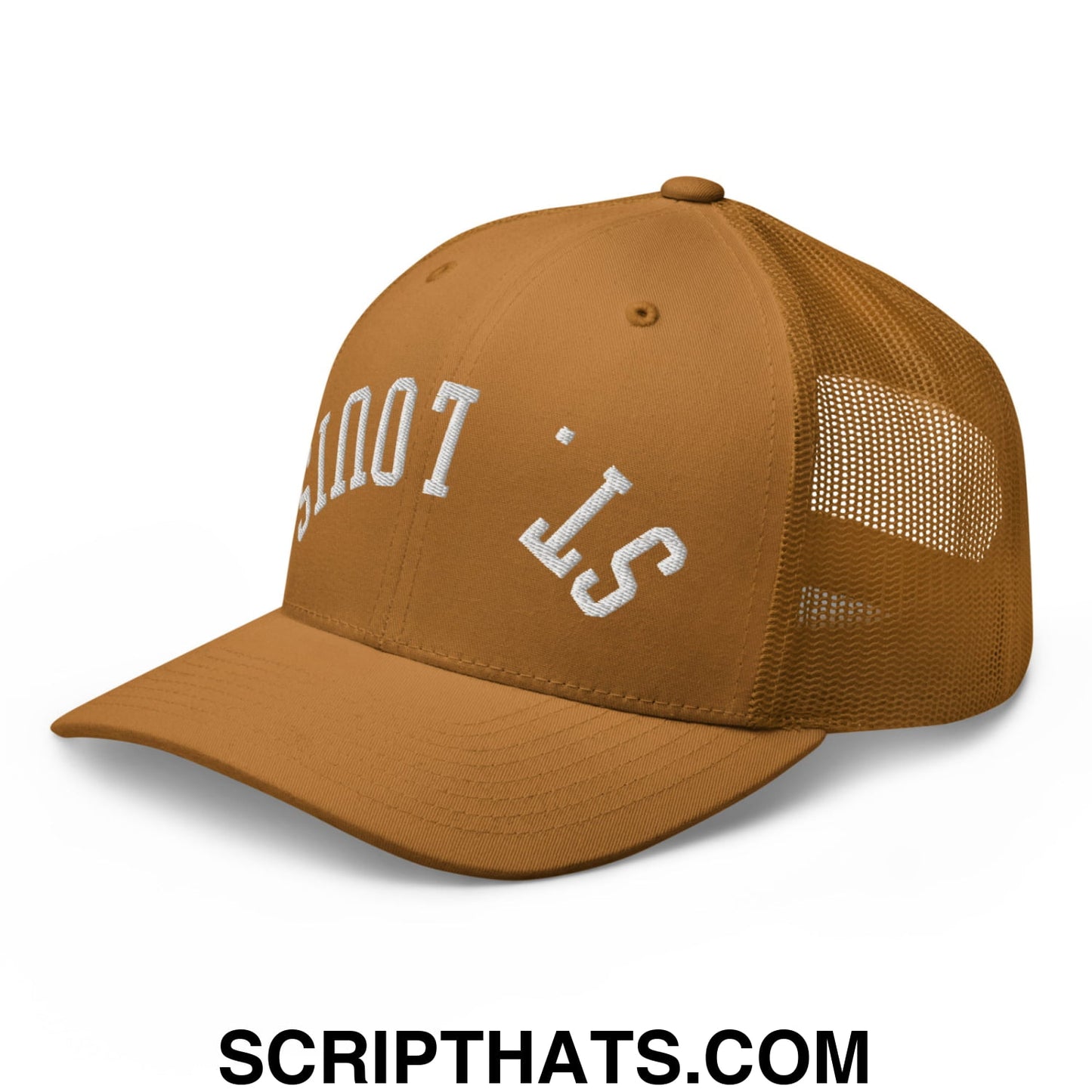 Upside Down St. Louis Embroidered Mesh Trucker Hat Caramel