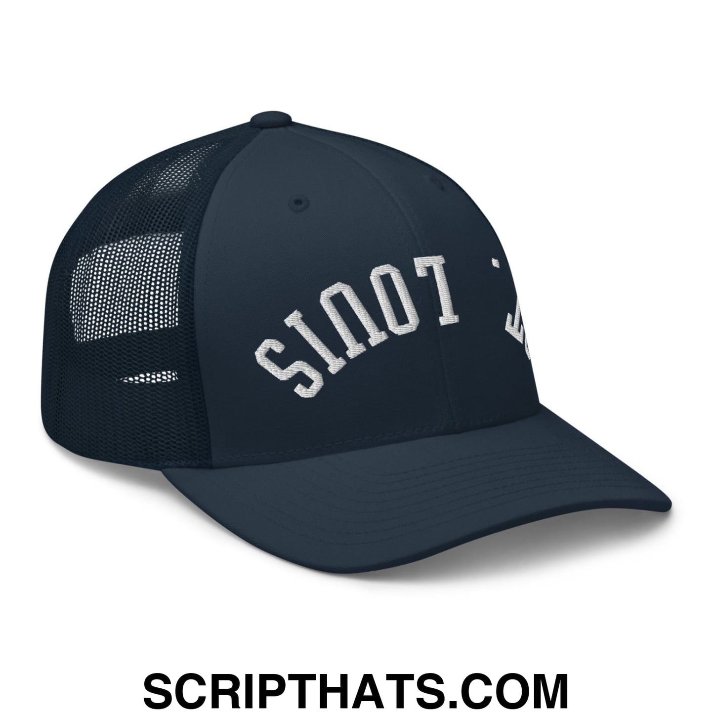 Upside Down St. Louis Embroidered Mesh Trucker Hat Navy