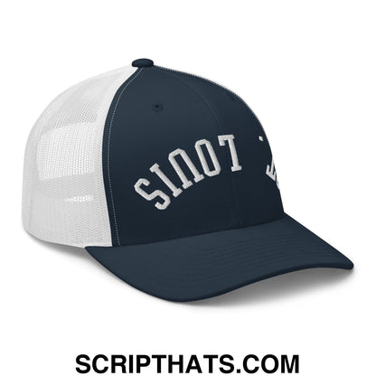 Upside Down St. Louis Embroidered Mesh Trucker Hat Navy White