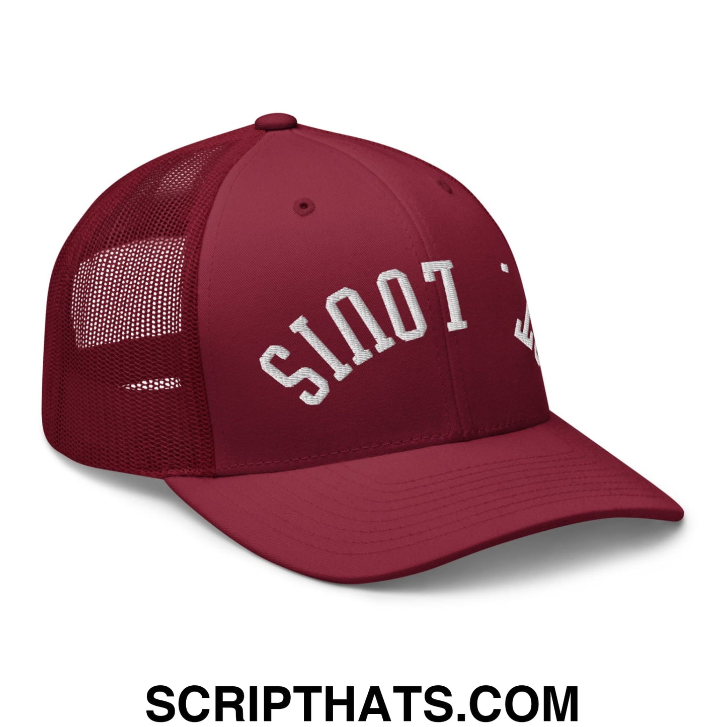 Upside Down St. Louis Embroidered Mesh Trucker Hat Cranberry