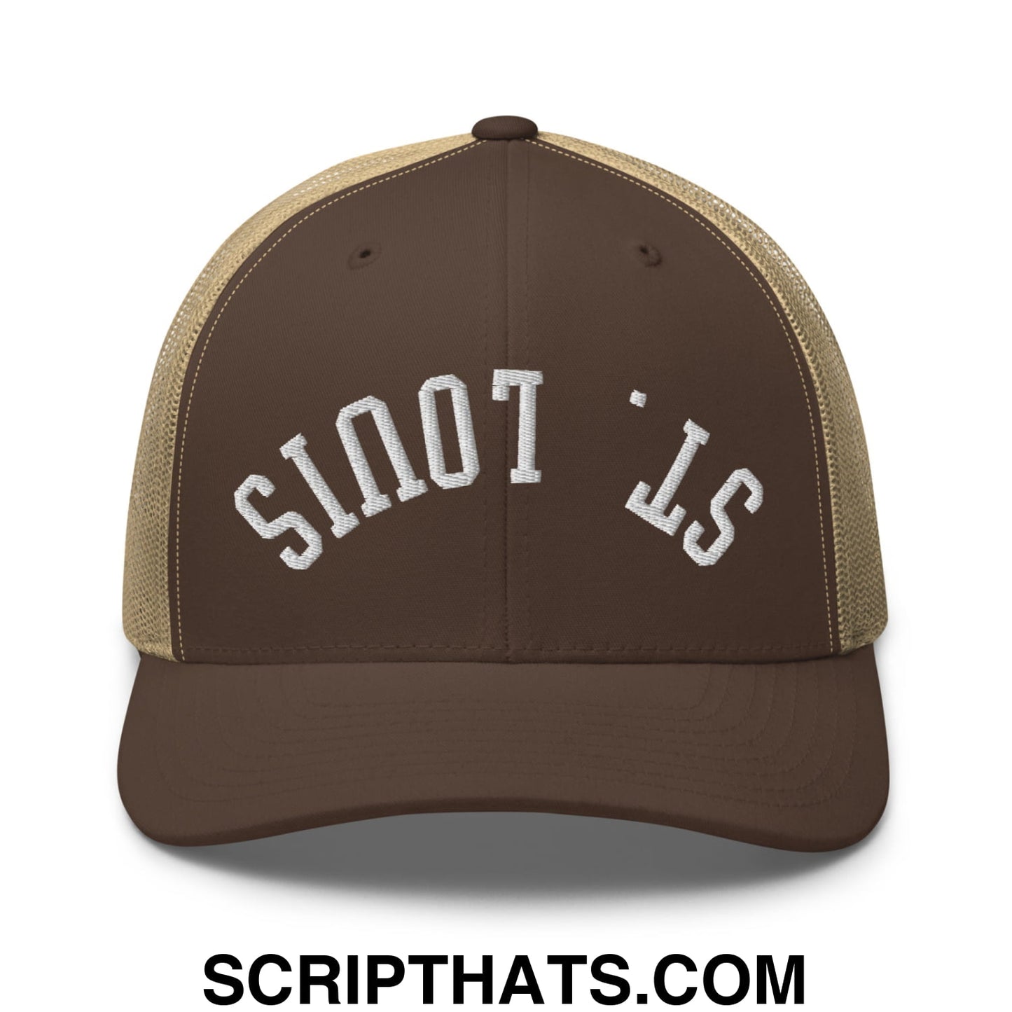 Upside Down St. Louis Embroidered Mesh Trucker Hat Brown Khaki