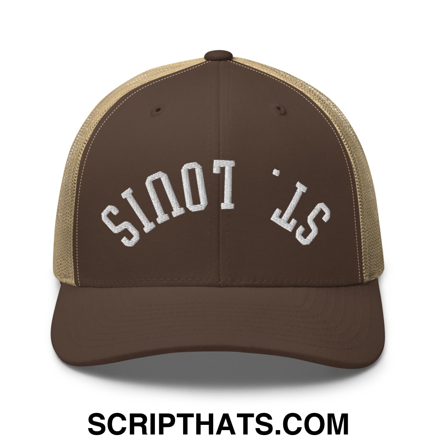 Upside Down St. Louis Embroidered Mesh Trucker Hat Brown Khaki