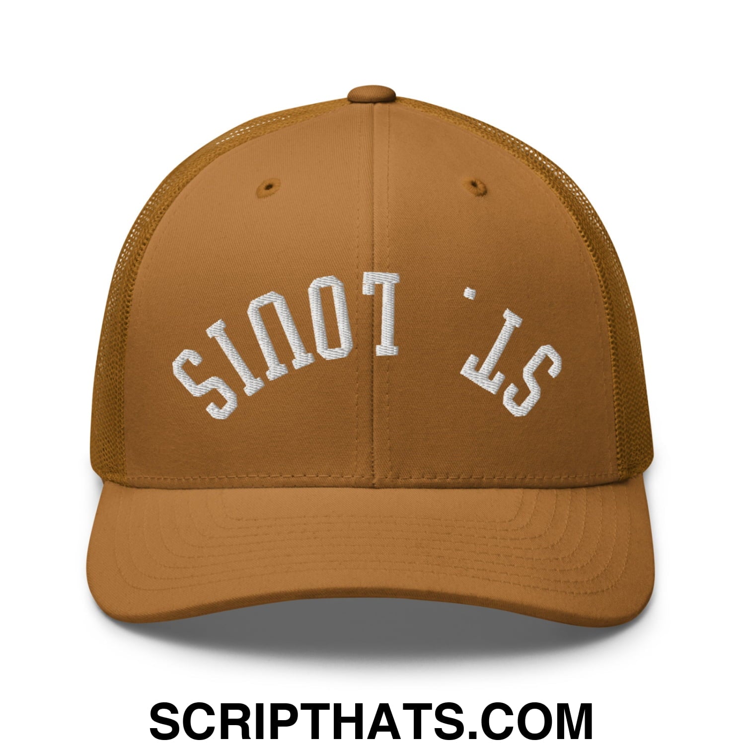 Upside Down St. Louis Embroidered Mesh Trucker Hat Caramel