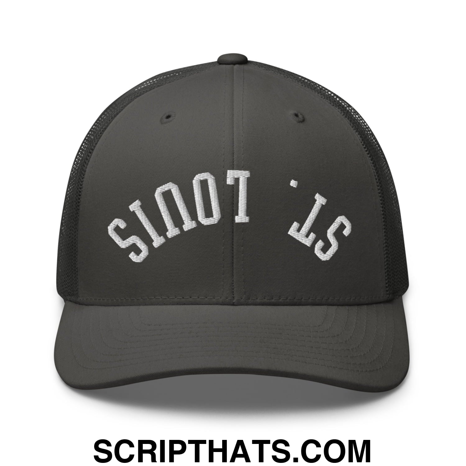 Upside Down St. Louis Embroidered Mesh Trucker Hat Charcoal