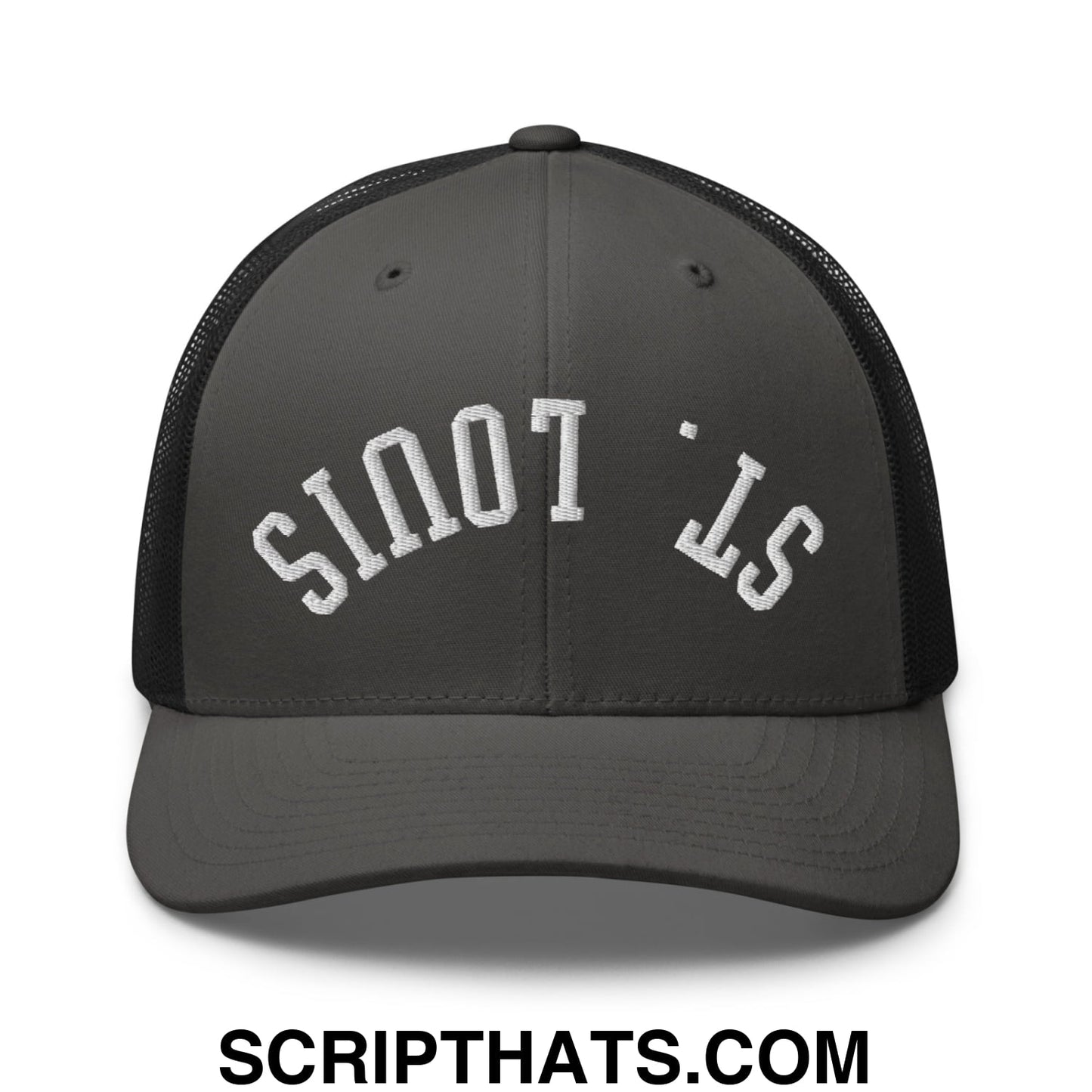 Upside Down St. Louis Embroidered Mesh Trucker Hat Charcoal Black