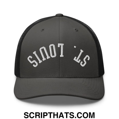 Upside Down St. Louis Embroidered Mesh Trucker Hat Charcoal Black