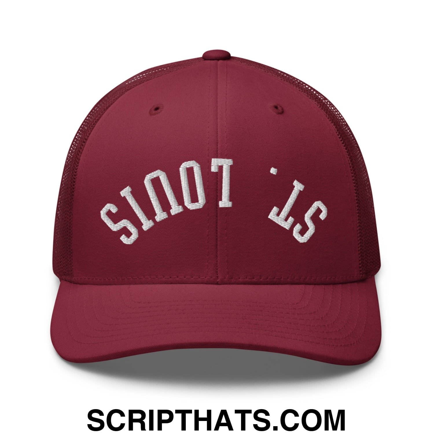 Upside Down St. Louis Embroidered Mesh Trucker Hat Cranberry