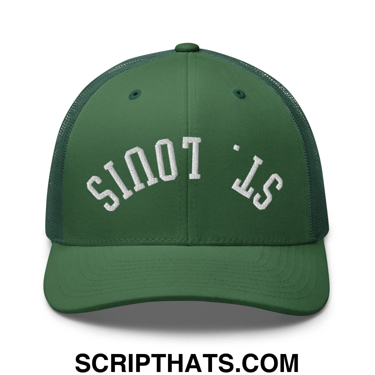 Upside Down St. Louis Embroidered Mesh Trucker Hat Evergreen