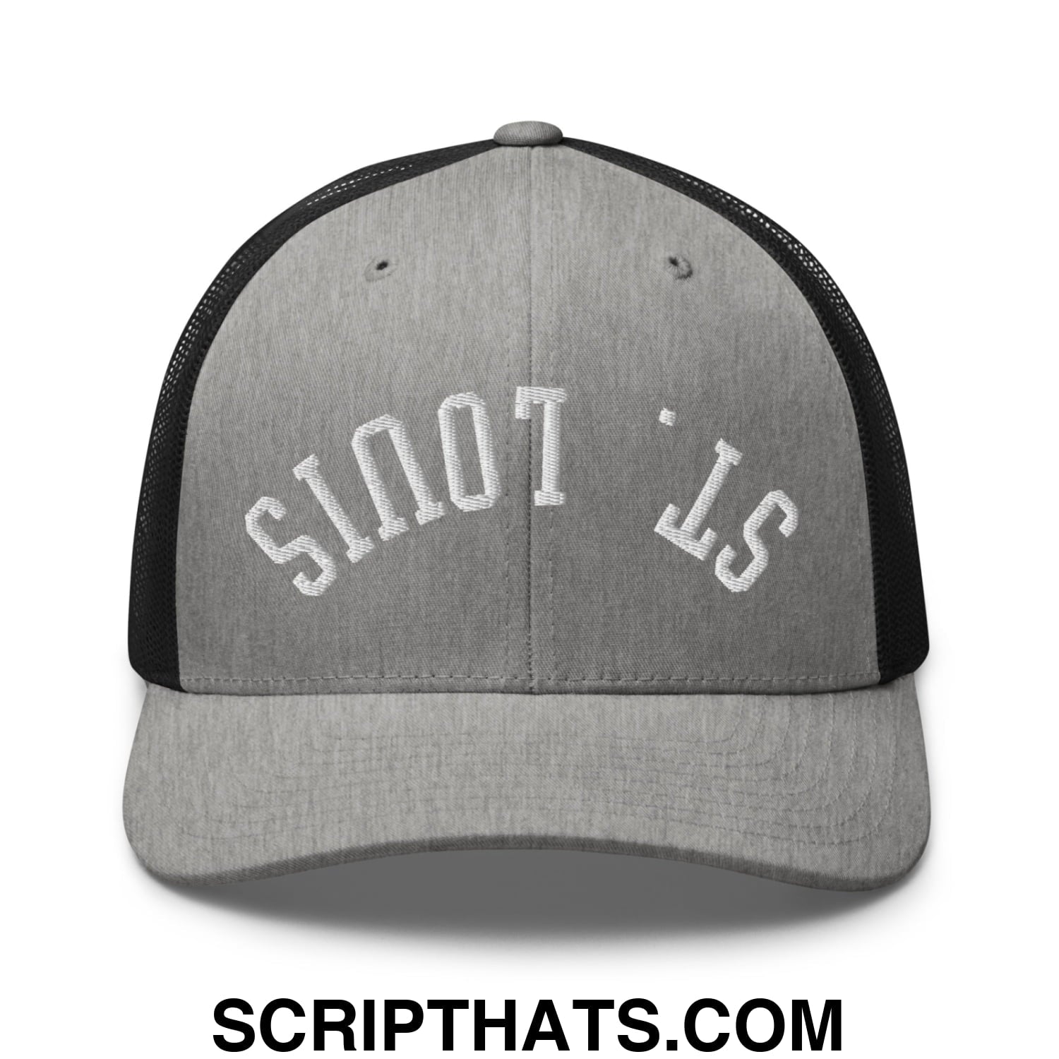 Upside Down St. Louis Embroidered Mesh Trucker Hat Heather Black