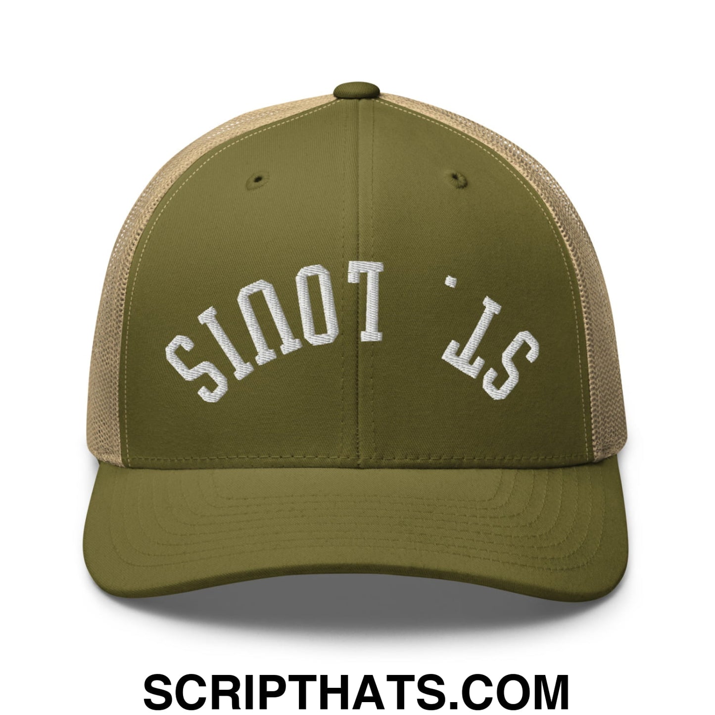 Upside Down St. Louis Embroidered Mesh Trucker Hat Moss Khaki