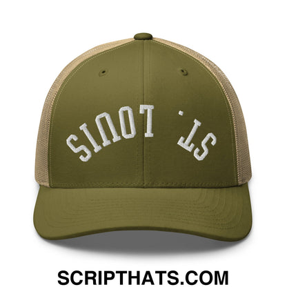Upside Down St. Louis Embroidered Mesh Trucker Hat Moss Khaki