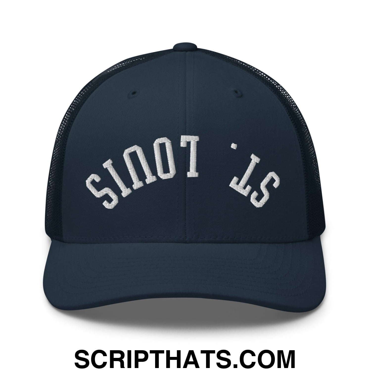 Upside Down St. Louis Embroidered Mesh Trucker Hat Navy