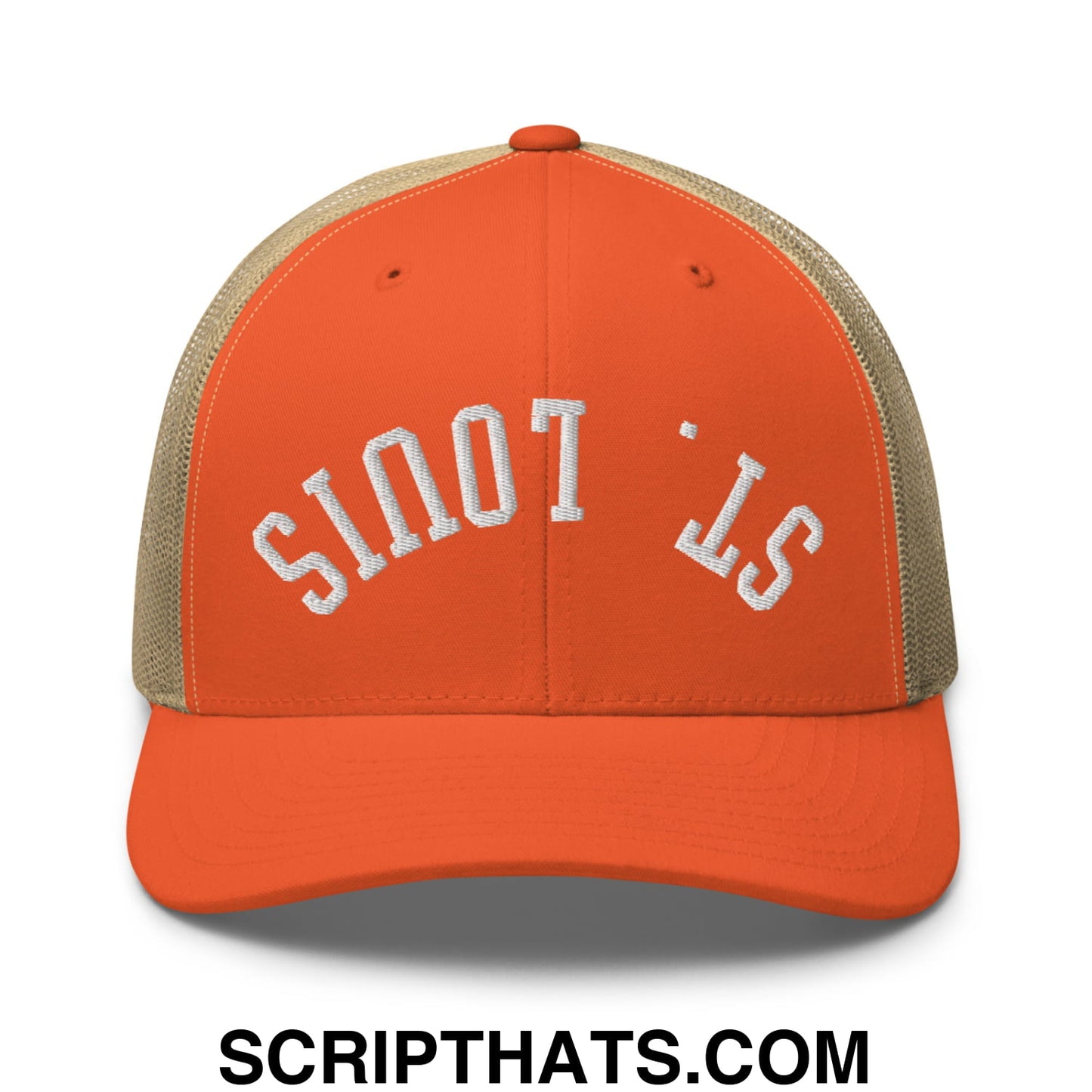 Upside Down St. Louis Embroidered Mesh Trucker Hat Rustic Orange Khaki