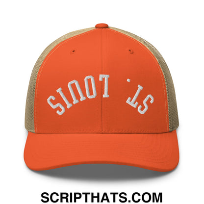 Upside Down St. Louis Embroidered Mesh Trucker Hat Rustic Orange Khaki