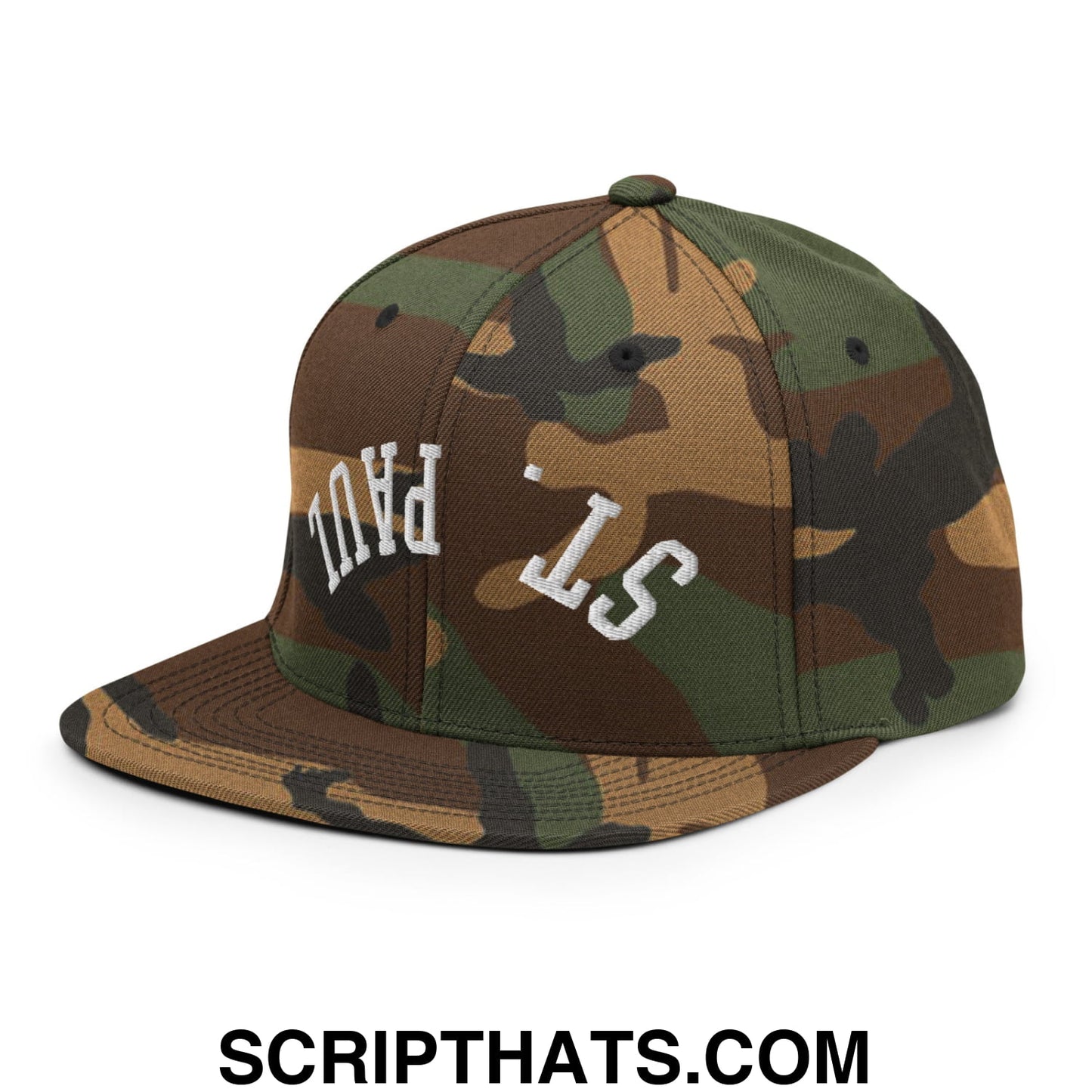 Upside Down St. Paul Embroidered Flat Bill Brim Snapback Hat Green Camo
