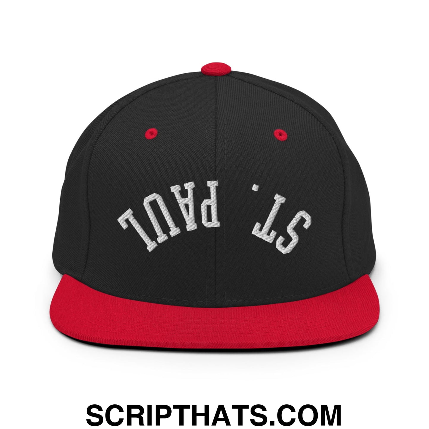 Upside Down St. Paul Embroidered Flat Bill Brim Snapback Hat Black Red