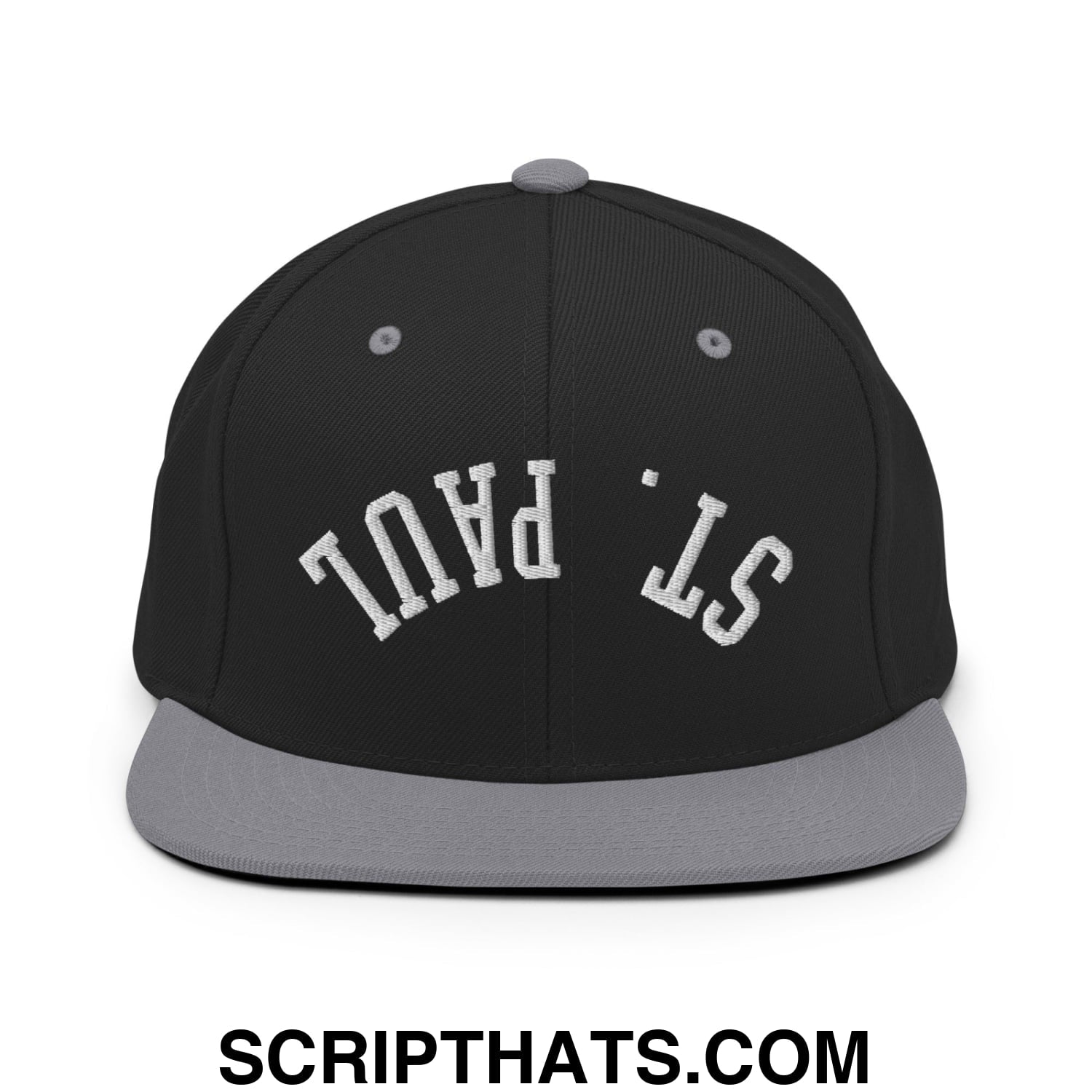 Upside Down St. Paul Embroidered Flat Bill Brim Snapback Hat Black Silver