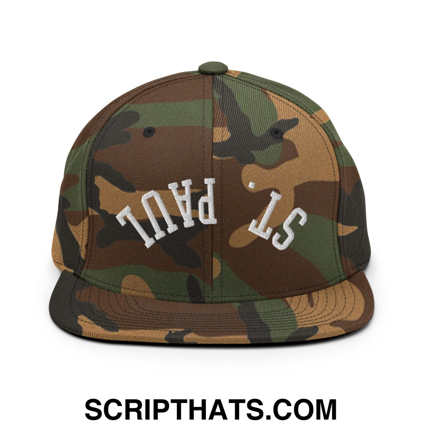 Upside Down St. Paul Embroidered Flat Bill Brim Snapback Hat Green Camo