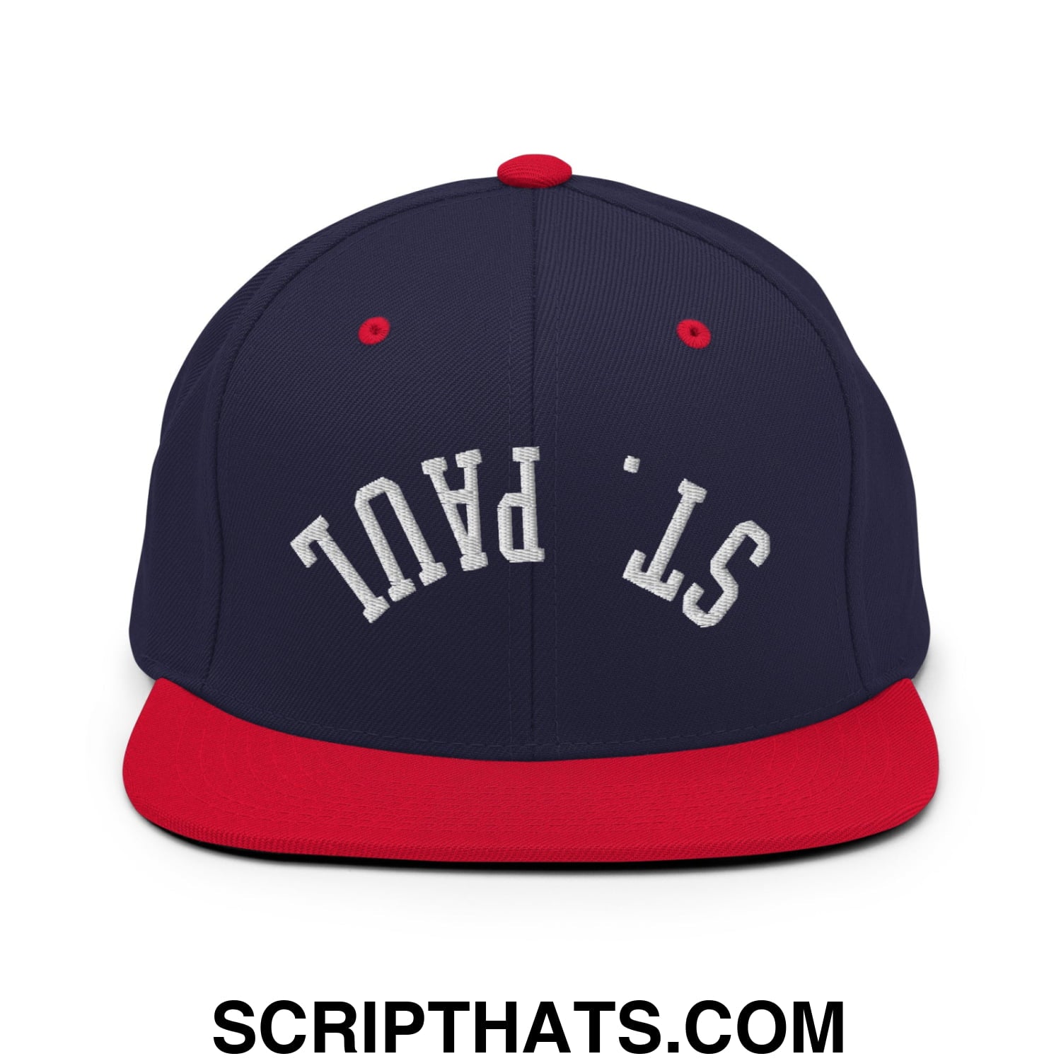 Upside Down St. Paul Embroidered Flat Bill Brim Snapback Hat Navy Red