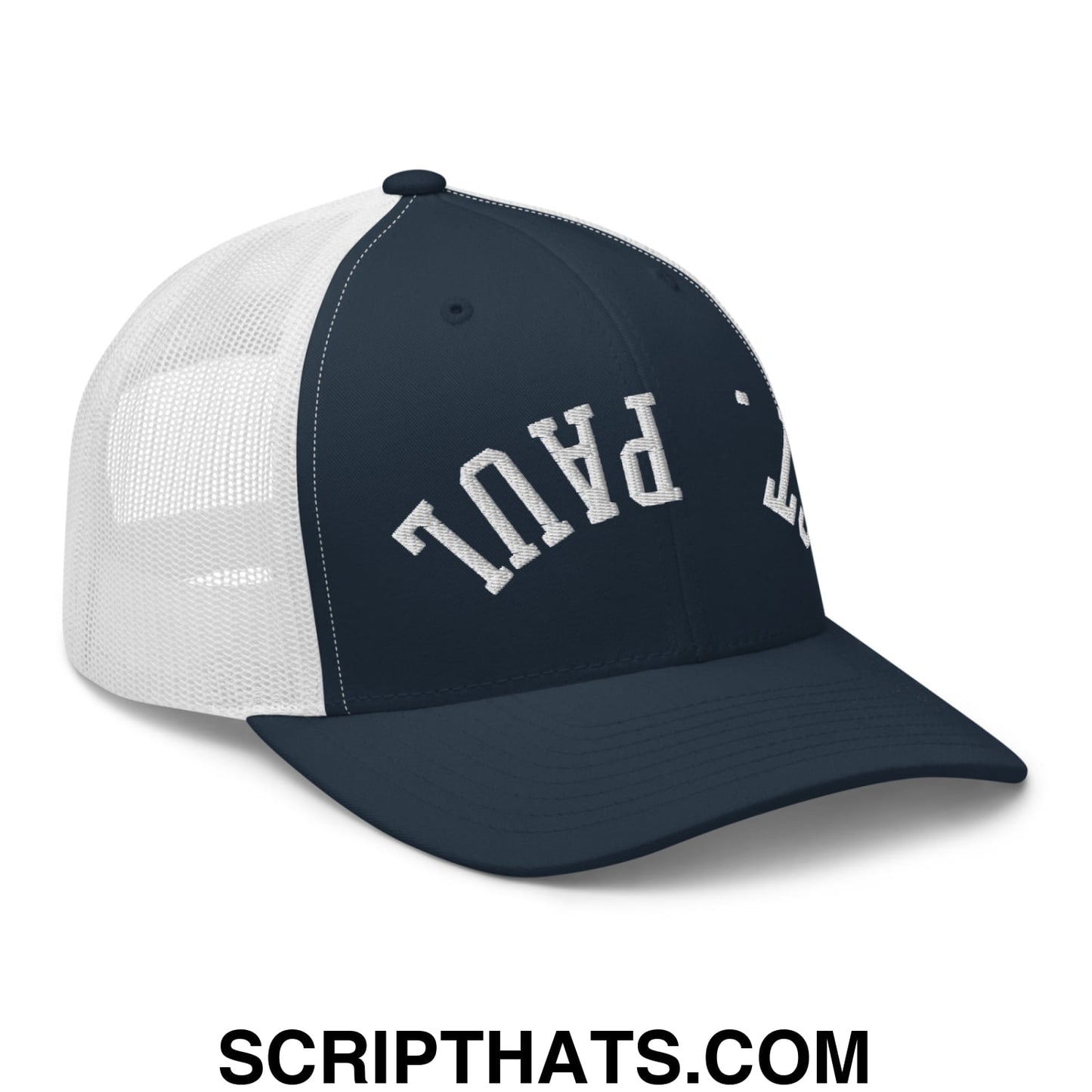 Upside Down St. Paul Embroidered Mesh Trucker Hat Navy White