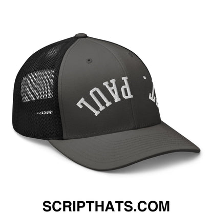 Upside Down St. Paul Embroidered Mesh Trucker Hat Charcoal Black